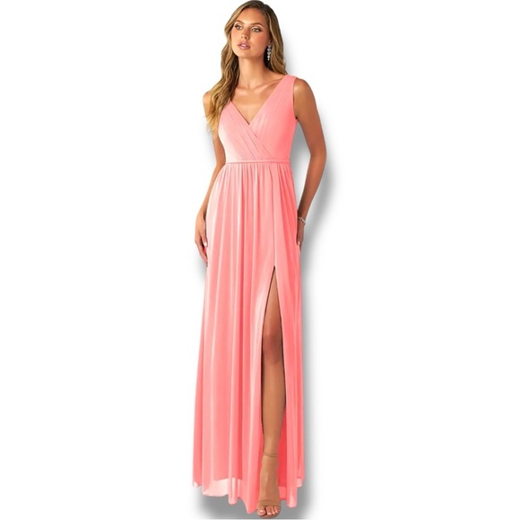 Azazie Dresses & Skirts - Azazie Coral Pink V-neck and Back High Slit Braided Waist Sleeveless Maxi Dress